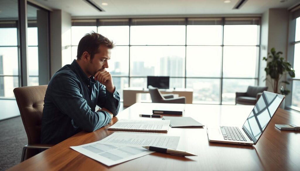 A bright, airy office setting with a large desk, modern furniture, and floor-to-ceiling windows overlooking a cityscape. On the desk, various insurance-related documents, a laptop, and a pen resting on a legal pad. A person sits at the desk, deep in thought, evaluating their insurance coverage needs. The lighting is soft and natural, creating a sense of focus and contemplation. The overall atmosphere is one of professionalism and attention to detail, reflecting the importance of making informed decisions about insurance coverage.