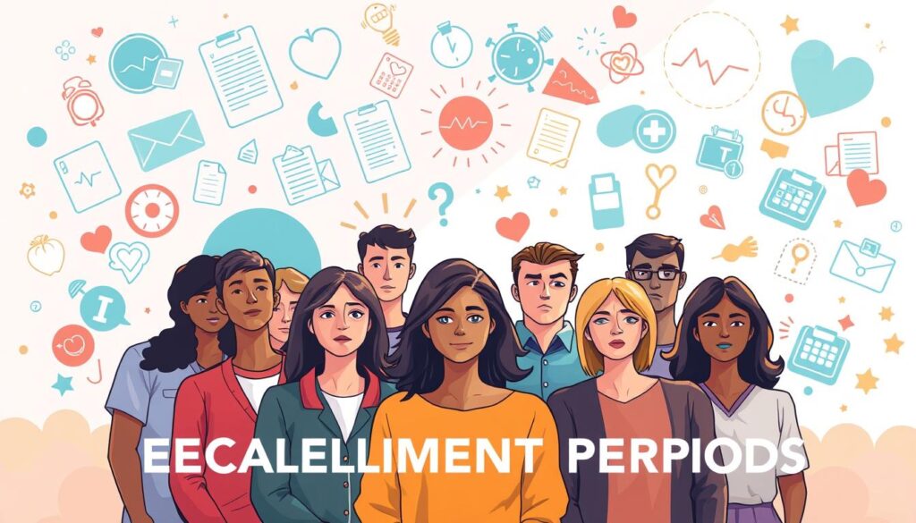 A brightly lit, high-resolution illustration depicting the concept of "special enrollment periods" for health insurance. In the foreground, a diverse group of people stand together, their faces expressing a mix of concern and determination. They are surrounded by a dynamic, abstract background featuring shapes and symbols representing various healthcare elements such as medical documents, insurance cards, and calendar icons. The lighting is warm and inviting, creating a sense of accessibility and inclusivity. The overall composition conveys the importance of understanding and taking advantage of special enrollment opportunities during life events that impact health coverage. A brightly lit, high-resolution illustration depicting the concept of "special enrollment periods" for health insurance. In the foreground, a diverse group of people stand together, their faces expressing a mix of concern and determination. They are surrounded by a dynamic, abstract background featuring shapes and symbols representing various healthcare elements such as medical documents, insurance cards, and calendar icons. The lighting is warm and inviting, creating a sense of accessibility and inclusivity. The overall composition conveys the importance of understanding and taking advantage of special enrollment opportunities during life events that impact health coverage.