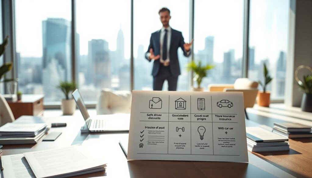 A brightly lit, modern office interior with floor-to-ceiling windows overlooking a city skyline. In the foreground, a desk with a laptop and various office supplies, including a stack of insurance documents. On the desk, several icons and graphical elements illustrate various auto insurance discounts, such as safe driver, good student, and multi-car. In the middle ground, a well-dressed person, possibly an insurance agent, stands and gestures towards the display on the desk. The background features other office furniture and decor, creating a professional and inviting atmosphere. Soft, directional lighting emphasizes the key elements and creates a sense of depth and focus.