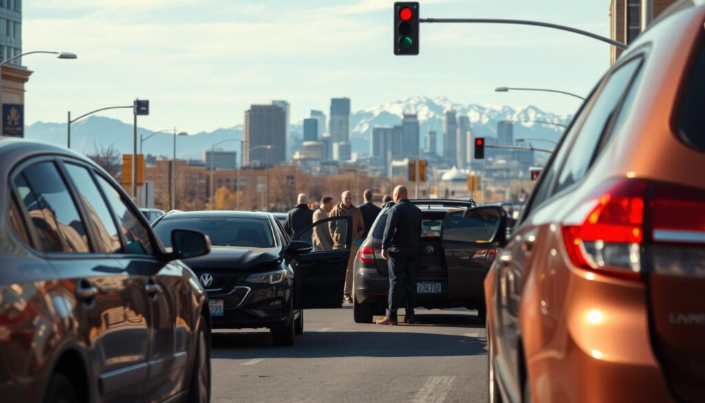 A bustling city street in Denver, Colorado, with a car accident scene in the foreground. The scene is captured from a low angle, drawing the viewer's attention to the damaged vehicles and the urgency of the situation. The lighting is natural, with soft shadows and highlights that accentuate the details of the cars and the surrounding environment. In the middle ground, a group of people, including bystanders and emergency responders, are gathered, conveying a sense of concern and the need for legal assistance. In the background, the iconic skyline of Denver is visible, with its towering skyscrapers and the Rocky Mountains in the distance, creating a sense of place and context. The overall mood is one of tension and the need for professional guidance in navigating the complexities of an auto accident.