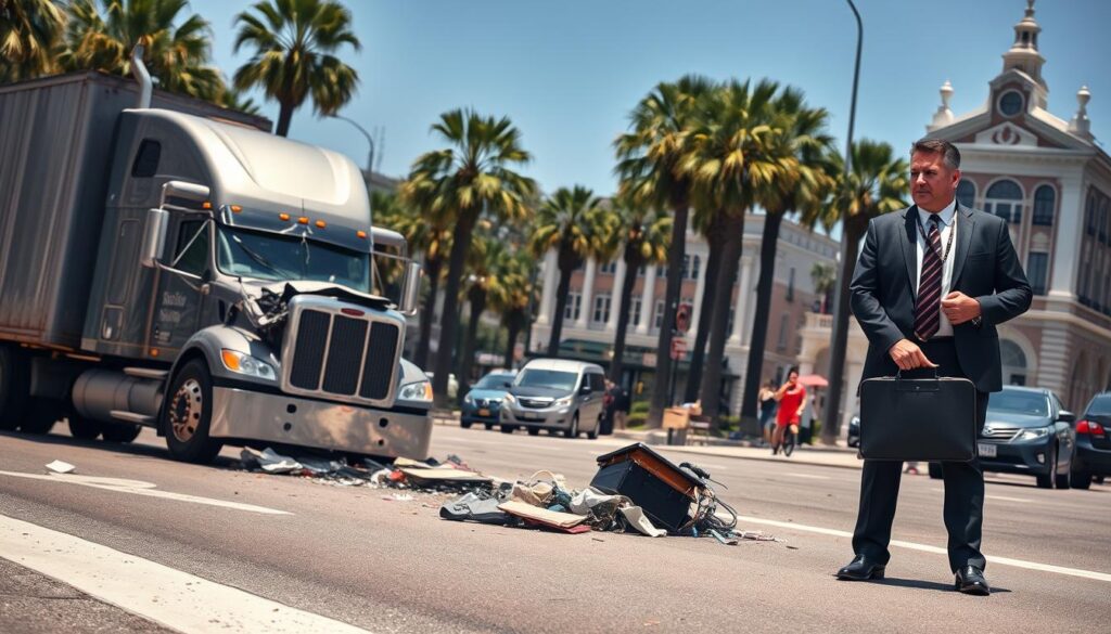 A busy city street in Savannah, Georgia, on a sunny afternoon. In the foreground, a large semi-truck is involved in a collision, its front end crumpled and debris scattered across the asphalt. In the middle ground, a well-dressed lawyer with a briefcase approaches the scene, their expression serious and determined. In the background, tall palm trees sway gently, and the iconic architecture of Savannah's historic district provides a backdrop. The lighting is crisp and directional, casting dramatic shadows and highlighting the urgency of the situation. The overall mood is one of professionalism and the need for legal expertise in the aftermath of a truck accident.