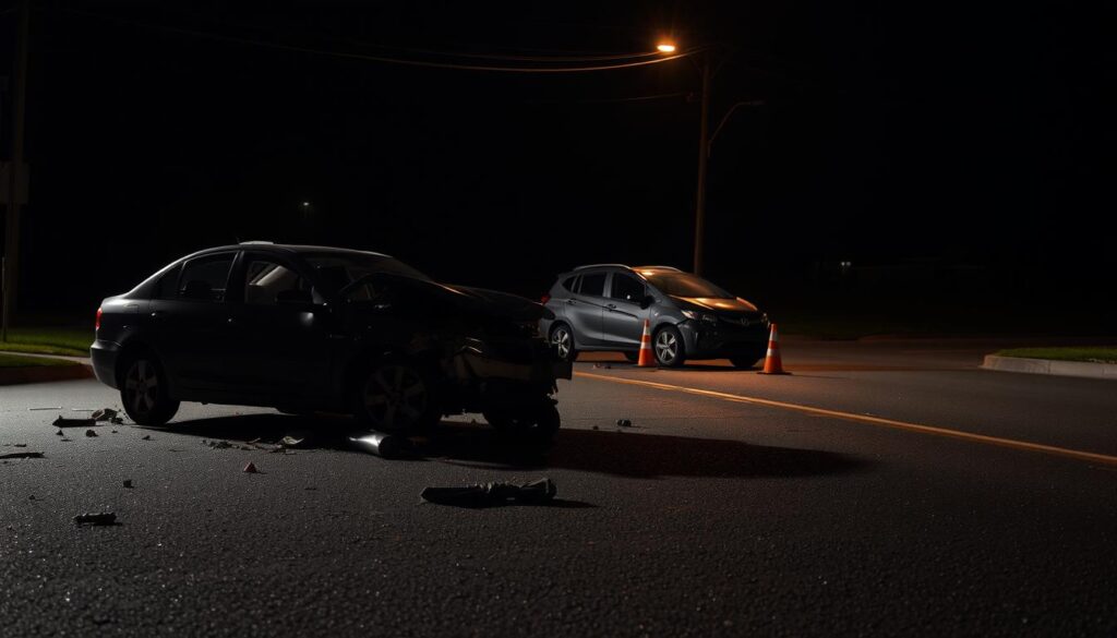 A car accident scene on a dimly lit suburban street, with debris and damaged vehicles strewn across the asphalt. In the foreground, a wrecked sedan rests at an angle, its crumpled frame and shattered windows a testament to the impact. The middle ground reveals a second car, its front end smashed, surrounded by emergency flares and spilled fluids. In the background, a lone streetlight casts an eerie glow, illuminating the scene and casting long shadows. The overall atmosphere is somber and pensive, conveying the gravity of the situation and the importance of properly documenting such an event.