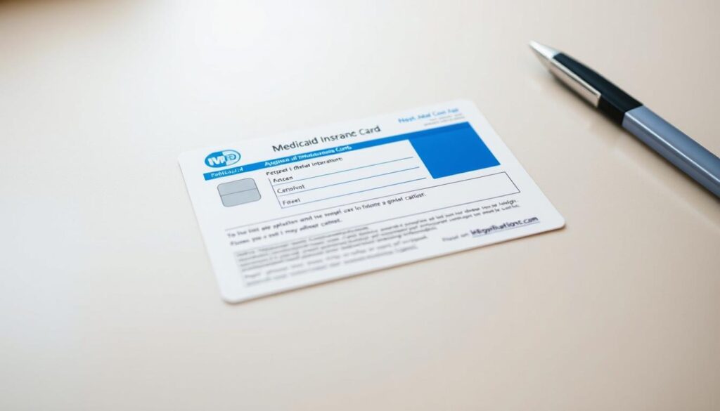 A clean, well-lit close-up shot of a Medicaid insurance card application form on a smooth, neutral-colored desk surface. The card is in the center, taking up the majority of the frame, with a soft focus on the important details like the logo, application fields, and instructions. The lighting is soft and diffused, creating a sense of professionalism and clarity. The background is slightly blurred, keeping the focus on the application form as the main subject. The overall mood is one of simplicity, organization, and ease of use, reflecting the "Required Information for Replacement" section of the article. A clean, well-lit close-up shot of a Medicaid insurance card application form on a smooth, neutral-colored desk surface. The card is in the center, taking up the majority of the frame, with a soft focus on the important details like the logo, application fields, and instructions. The lighting is soft and diffused, creating a sense of professionalism and clarity. The background is slightly blurred, keeping the focus on the application form as the main subject. The overall mood is one of simplicity, organization, and ease of use, reflecting the "Required Information for Replacement" section of the article.