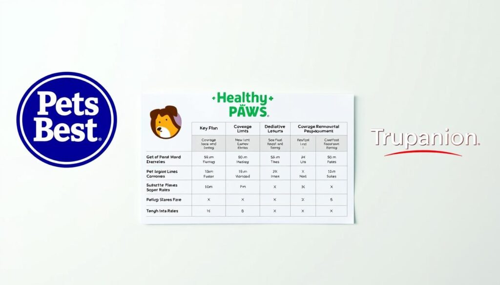 A comparative analysis of pet insurance plans set against a clean, minimalist backdrop. In the foreground, three distinct pet insurance logos - Pets Best, Healthy Paws, and Trupanion - arranged in a grid layout. The middle ground showcases a side-by-side visual comparison of key plan features, such as coverage limits, deductibles, and reimbursement rates, presented in a clear, infographic-style design. The background features a soft, pastel-toned gradient, creating a sense of balance and focus on the central elements. Crisp, even lighting from multiple angles highlights the professional, authoritative tone. The overall composition conveys a comprehensive, easy-to-digest comparison of leading pet insurance options. A comparative analysis of pet insurance plans set against a clean, minimalist backdrop. In the foreground, three distinct pet insurance logos - Pets Best, Healthy Paws, and Trupanion - arranged in a grid layout. The middle ground showcases a side-by-side visual comparison of key plan features, such as coverage limits, deductibles, and reimbursement rates, presented in a clear, infographic-style design. The background features a soft, pastel-toned gradient, creating a sense of balance and focus on the central elements. Crisp, even lighting from multiple angles highlights the professional, authoritative tone. The overall composition conveys a comprehensive, easy-to-digest comparison of leading pet insurance options.