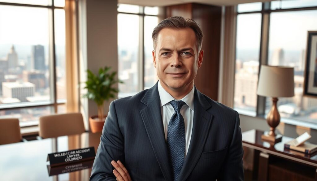 A confident, sharply-dressed man with a serious expression, standing in a modern, well-lit law office. His desk features a nameplate that reads &amp;amp;amp;amp;amp;quot;SKILLED CAR ACCIDENT LAWYER COLORADO.&amp;amp;amp;amp;amp;quot; Behind him, a large window offers a panoramic view of the Denver skyline. The room is decorated with tasteful, professional furnishings, conveying an atmosphere of expertise and authority. The lighting is warm and flattering, creating a sense of competence and trustworthiness. The overall scene suggests a skilled, experienced attorney who is ready to provide exceptional legal representation to clients in need.
