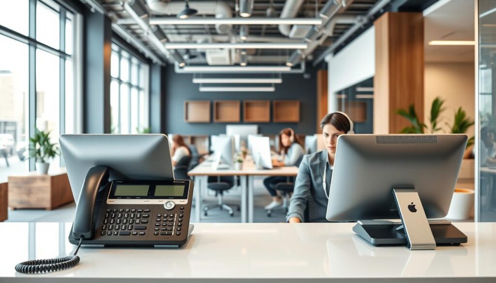 A contemporary and professional-looking office setting with a receptionist desk in the foreground, featuring a high-quality telephone and computer setup. In the middle ground, a team of customer service representatives are diligently working at their desks, communicating on headsets. The background showcases a sleek, modern interior design with minimalist decor, ample natural lighting, and a warm, inviting atmosphere. The overall scene conveys efficiency, attentiveness, and a commitment to providing exceptional customer service, reflecting the features of a reliable real estate answering service. A contemporary and professional-looking office setting with a receptionist desk in the foreground, featuring a high-quality telephone and computer setup. In the middle ground, a team of customer service representatives are diligently working at their desks, communicating on headsets. The background showcases a sleek, modern interior design with minimalist decor, ample natural lighting, and a warm, inviting atmosphere. The overall scene conveys efficiency, attentiveness, and a commitment to providing exceptional customer service, reflecting the features of a reliable real estate answering service.