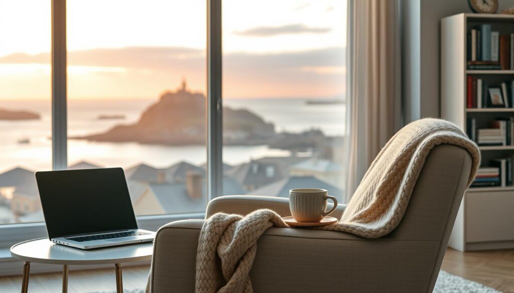 A cozy living room interior with a large window overlooking a scenic coastal landscape. A comfortable armchair sits in the foreground, a plush throw blanket draped over the back. On a side table, an open laptop and a mug of hot tea suggest a peaceful, relaxed atmosphere. The middle ground features a sleek bookshelf filled with volumes, while the background showcases the iconic silhouette of Plymouth Rock against a warm, golden sunset sky. Soft, diffused lighting creates a tranquil, inviting ambiance. The overall composition conveys a sense of security, practicality, and the value of renters insurance for those seeking to protect their cherished possessions. A cozy living room interior with a large window overlooking a scenic coastal landscape. A comfortable armchair sits in the foreground, a plush throw blanket draped over the back. On a side table, an open laptop and a mug of hot tea suggest a peaceful, relaxed atmosphere. The middle ground features a sleek bookshelf filled with volumes, while the background showcases the iconic silhouette of Plymouth Rock against a warm, golden sunset sky. Soft, diffused lighting creates a tranquil, inviting ambiance. The overall composition conveys a sense of security, practicality, and the value of renters insurance for those seeking to protect their cherished possessions.