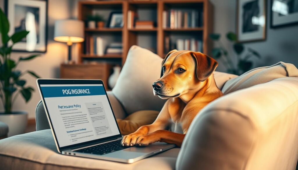A cozy living room setting with a medium-sized dog lounging on a plush armchair, gazing attentively at a laptop screen displaying a dog insurance policy. The room is bathed in warm, soft lighting, creating a sense of comfort and security. In the background, bookshelves and framed artwork add a touch of sophistication, while a potted plant in the corner adds a natural, calming element. The dog's expression conveys a sense of trust and protection, reflecting the essential role of pet insurance in safeguarding the well-being of beloved canine companions. A cozy living room setting with a medium-sized dog lounging on a plush armchair, gazing attentively at a laptop screen displaying a dog insurance policy. The room is bathed in warm, soft lighting, creating a sense of comfort and security. In the background, bookshelves and framed artwork add a touch of sophistication, while a potted plant in the corner adds a natural, calming element. The dog's expression conveys a sense of trust and protection, reflecting the essential role of pet insurance in safeguarding the well-being of beloved canine companions.