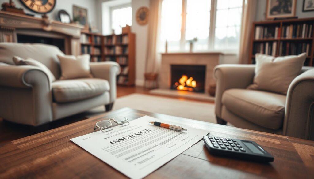 A cozy living room with plush armchairs and a warm fireplace. The room is bathed in soft, natural lighting streaming through large windows. On a wooden coffee table, an insurance policy document lies open, surrounded by a pen and a calculator, hinting at the importance of home coverage. In the background, a bookshelf filled with reference materials suggests a sense of security and preparedness. The overall mood is one of comfort, reliability, and financial protection for the homeowner.