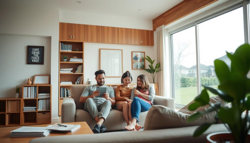 A cozy, well-lit interior of an affordable, modern home with warm wooden accents and clean lines. In the foreground, a family relaxing on a comfortable sofa, discussing their home insurance coverage details on a tablet. In the middle ground, a neatly organized bookshelf filled with financial documents and a potted plant adding a touch of nature. The background showcases a large window overlooking a peaceful suburban neighborhood, bathed in soft, diffused sunlight. The overall scene conveys a sense of financial security, family contentment, and a well-protected home. A cozy, well-lit interior of an affordable, modern home with warm wooden accents and clean lines. In the foreground, a family relaxing on a comfortable sofa, discussing their home insurance coverage details on a tablet. In the middle ground, a neatly organized bookshelf filled with financial documents and a potted plant adding a touch of nature. The background showcases a large window overlooking a peaceful suburban neighborhood, bathed in soft, diffused sunlight. The overall scene conveys a sense of financial security, family contentment, and a well-protected home.