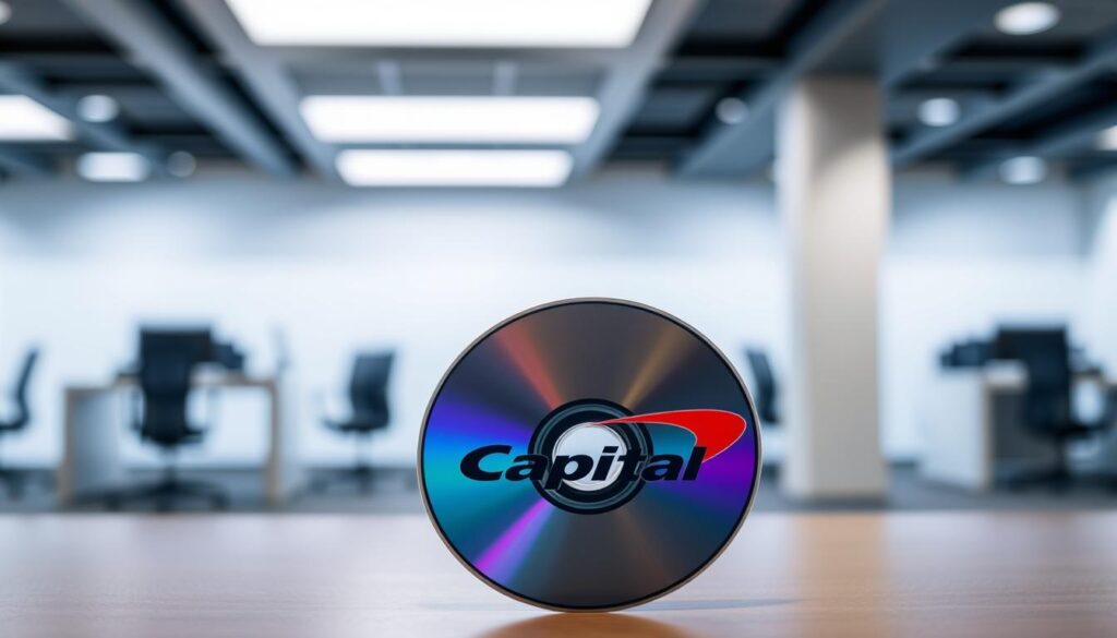 A crisp, clear image of a Capital One certificate of deposit (CD) against a blurred background of a modern banking interior. The CD is positioned in the foreground, its metallic edges gleaming under soft, directional lighting. The middle ground features hazy silhouettes of desks, chairs, and computer monitors, suggesting a professional financial setting. The background is a muted palette of grays and blues, conveying a sense of security and stability. The overall composition emphasizes the FDIC insurance protection associated with the Capital One CD, reflecting the article's focus on the safety and reliability of this financial product.