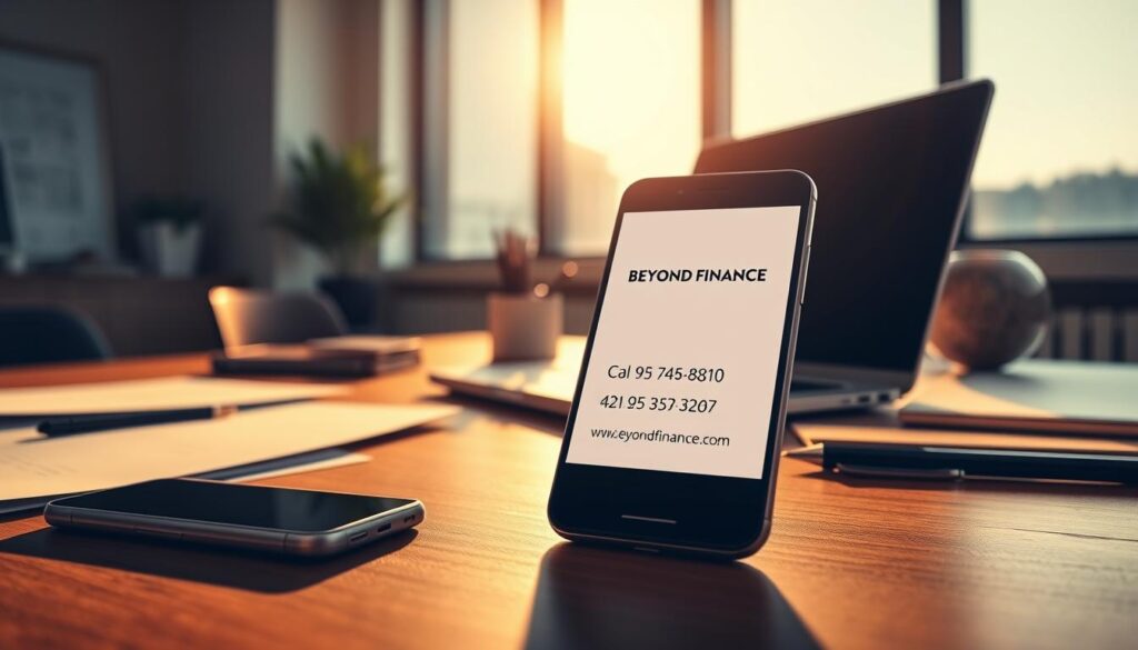 A crisp, high-resolution image of a modern office desk featuring a laptop, a smartphone, and various office supplies. The desk is illuminated by warm, natural lighting from a large window in the background, casting a soft glow on the scene. The smartphone's screen displays the Beyond Finance contact information, including a phone number, email address, and website URL, all presented in a clean, minimalist layout. The overall atmosphere conveys a sense of professionalism, efficiency, and ease of access to the financial services provider. A crisp, high-resolution image of a modern office desk featuring a laptop, a smartphone, and various office supplies. The desk is illuminated by warm, natural lighting from a large window in the background, casting a soft glow on the scene. The smartphone's screen displays the Beyond Finance contact information, including a phone number, email address, and website URL, all presented in a clean, minimalist layout. The overall atmosphere conveys a sense of professionalism, efficiency, and ease of access to the financial services provider.