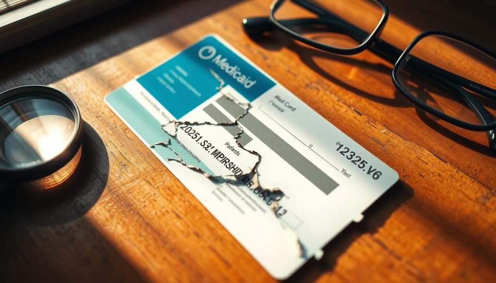 A damaged Medicaid card lies on a wooden desk, with a magnifying glass and a pair of reading glasses nearby. The card's edges are frayed, and a crack runs across the surface, obscuring the patient's information. Soft, warm lighting from a nearby window casts gentle shadows, creating a pensive atmosphere. The scene evokes the need for a replacement card, highlighting the importance of maintaining healthcare coverage. The overall composition emphasizes the attention to detail and the care required to address this common issue. A damaged Medicaid card lies on a wooden desk, with a magnifying glass and a pair of reading glasses nearby. The card's edges are frayed, and a crack runs across the surface, obscuring the patient's information. Soft, warm lighting from a nearby window casts gentle shadows, creating a pensive atmosphere. The scene evokes the need for a replacement card, highlighting the importance of maintaining healthcare coverage. The overall composition emphasizes the attention to detail and the care required to address this common issue.