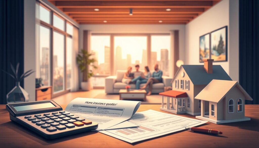 A detailed, neatly organized home insurance quote illustration depicting a modern, well-lit interior. In the foreground, a calculator, insurance documents, and a house model symbolize key factors affecting rates. The middle ground showcases a family relaxing in a comfortable living room, while the background features a cityscape, conveying the broader context. The lighting is warm and natural, with soft shadows and highlights that enhance the scene's realism. The overall atmosphere is one of careful consideration and financial responsibility. A detailed, neatly organized home insurance quote illustration depicting a modern, well-lit interior. In the foreground, a calculator, insurance documents, and a house model symbolize key factors affecting rates. The middle ground showcases a family relaxing in a comfortable living room, while the background features a cityscape, conveying the broader context. The lighting is warm and natural, with soft shadows and highlights that enhance the scene's realism. The overall atmosphere is one of careful consideration and financial responsibility.