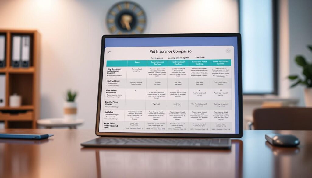 A detailed pet insurance comparison chart displayed on a modern, minimalist office desk. The chart showcases key coverage options, premiums, and benefits for leading pet insurance providers, presented in a clean, organized layout. Soft, indirect lighting creates a professional, informative atmosphere, while the shallow depth of field focuses attention on the chart details. The desk surface reflects the scene, adding depth and a sense of high-quality presentation. The overall composition conveys a comprehensive, easy-to-understand visualization of pet insurance coverage options. A detailed pet insurance comparison chart displayed on a modern, minimalist office desk. The chart showcases key coverage options, premiums, and benefits for leading pet insurance providers, presented in a clean, organized layout. Soft, indirect lighting creates a professional, informative atmosphere, while the shallow depth of field focuses attention on the chart details. The desk surface reflects the scene, adding depth and a sense of high-quality presentation. The overall composition conveys a comprehensive, easy-to-understand visualization of pet insurance coverage options.