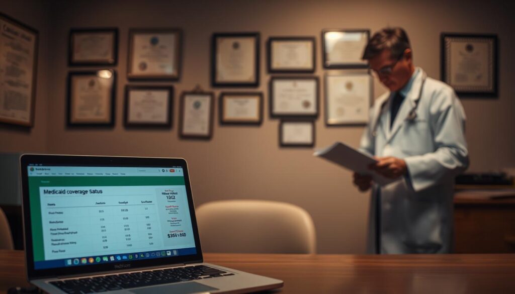 A dimly lit medical office, with a desk in the foreground showcasing a laptop displaying Medicaid coverage status information. In the middle ground, a doctor in a white coat examines patient files, conveying a sense of thoughtful analysis. The background features a softly blurred wall of diplomas and certificates, establishing an atmosphere of medical expertise. Warm lighting casts subtle shadows, creating depth and a contemplative mood as the doctor reviews the Medicaid details. The overall scene reflects the importance of understanding one's Medicaid coverage and the role of healthcare professionals in managing it. A dimly lit medical office, with a desk in the foreground showcasing a laptop displaying Medicaid coverage status information. In the middle ground, a doctor in a white coat examines patient files, conveying a sense of thoughtful analysis. The background features a softly blurred wall of diplomas and certificates, establishing an atmosphere of medical expertise. Warm lighting casts subtle shadows, creating depth and a contemplative mood as the doctor reviews the Medicaid details. The overall scene reflects the importance of understanding one's Medicaid coverage and the role of healthcare professionals in managing it.
