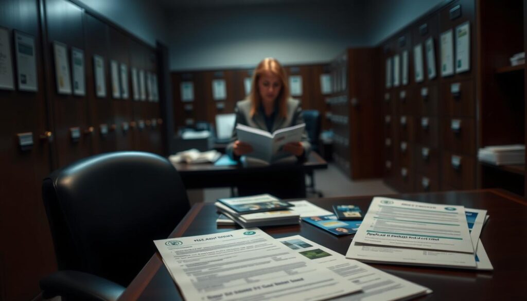 A dimly lit office interior, with a desk and chair in the foreground. On the desk, various documents and forms related to Medicaid enrollment, including application forms, ID cards, and brochures. The middle ground features a person, likely a caseworker, reviewing the documents intently. The background is slightly blurred, but suggests a bureaucratic setting, with file cabinets and shelves lining the walls. The lighting is soft and warm, creating a sense of seriousness and professionalism. The overall atmosphere conveys the complexity and importance of the Medicaid enrollment process. A dimly lit office interior, with a desk and chair in the foreground. On the desk, various documents and forms related to Medicaid enrollment, including application forms, ID cards, and brochures. The middle ground features a person, likely a caseworker, reviewing the documents intently. The background is slightly blurred, but suggests a bureaucratic setting, with file cabinets and shelves lining the walls. The lighting is soft and warm, creating a sense of seriousness and professionalism. The overall atmosphere conveys the complexity and importance of the Medicaid enrollment process.