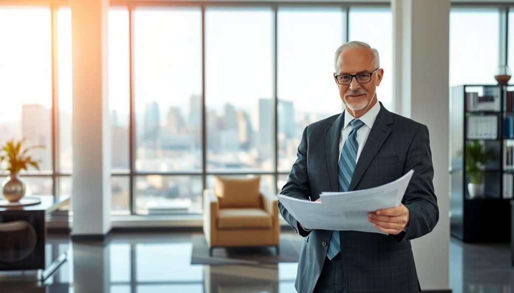 A distinguished Denver car accident lawyer, dressed in a sharp suit, stands confidently in a sleek, modern law office. The room is filled with natural light, casting a warm glow on the lawyer's face as they review important documents. In the background, the iconic skyline of Denver can be seen through large windows, hinting at the lawyer's deep connection to the city. The overall atmosphere conveys a sense of professionalism, expertise, and a commitment to providing exceptional legal representation to those affected by car accidents.
