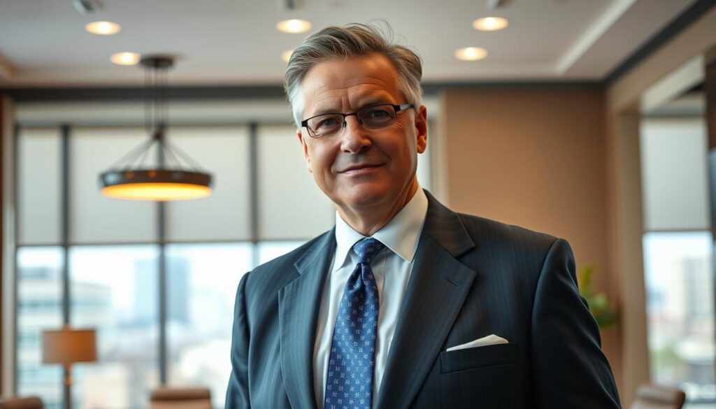A distinguished middle-aged male attorney in a crisp suit standing confidently in a modern, well-appointed law office. Warm lighting from overhead lamps casts a professional, authoritative glow. The office features an expansive window overlooking the Savannah cityscape, hinting at the lawyer's expertise and reputation. His expression is serious yet reassuring, conveying his dedication to helping motorcycle accident victims. The scene evokes a sense of trust, expertise, and the lawyer's ability to guide clients through the legal process with care and competence.