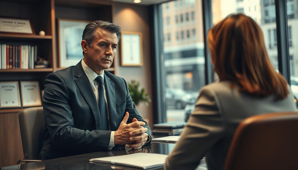 A dynamic, cinematic scene of an Uber accident legal consultation. In the foreground, a serious-faced lawyer in a crisp suit sits across from a client, their body language conveying concern and determination. The middle ground features a blurred backdrop of a modern law office, with bookshelves, framed certificates, and tasteful decor. In the background, a large window frames a bustling city street, suggesting the high-stakes, fast-paced world of transportation-related legal matters. The lighting is warm and focused, creating a sense of professionalism and authority. The overall mood is one of competence, urgency, and the promise of effective legal representation.