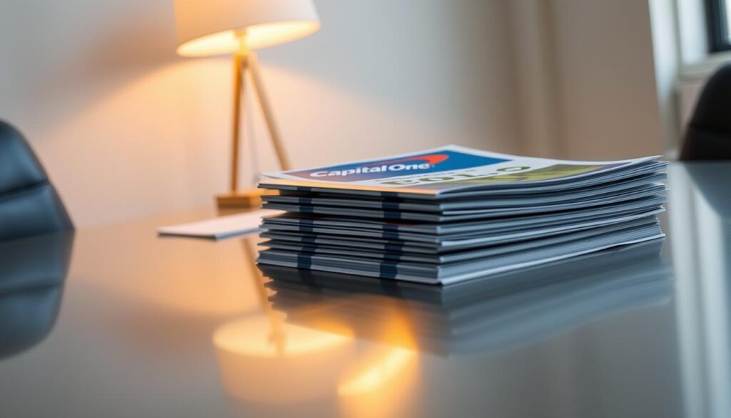 A gleaming metal desk displays a stack of Capital One CD brochures, reflecting the warm glow of a desk lamp. The scene is captured in a crisp, high-resolution image with a shallow depth of field, focusing attention on the financial documents. The background is a blurred, minimalist office setting, hinting at the professional context. The overall mood is one of trustworthiness, reliability, and attention to detail, conveying the security and FDIC insurance coverage offered by Capital One CDs.