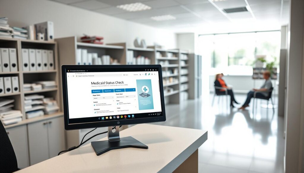A healthcare administrative office with a reception desk in the foreground, a computer monitor displaying a Medicaid status check application on the desk. In the middle ground, people sitting in chairs, waiting to be assisted. The background shows shelves with medical files and supplies, conveying the professional, clinical atmosphere of a government healthcare facility. Bright, natural lighting floods the space, creating a sense of transparency and accessibility. The overall mood is one of efficiency and institutional reliability, inviting the viewer to confidently engage with the Medicaid status check process. A healthcare administrative office with a reception desk in the foreground, a computer monitor displaying a Medicaid status check application on the desk. In the middle ground, people sitting in chairs, waiting to be assisted. The background shows shelves with medical files and supplies, conveying the professional, clinical atmosphere of a government healthcare facility. Bright, natural lighting floods the space, creating a sense of transparency and accessibility. The overall mood is one of efficiency and institutional reliability, inviting the viewer to confidently engage with the Medicaid status check process.