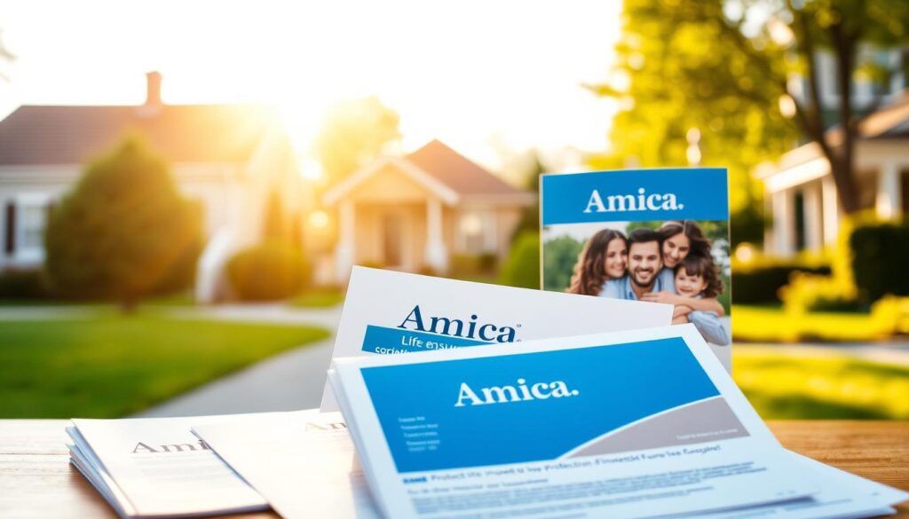 A high-quality, visually striking image of Amica Life Insurance products. The foreground features a stack of insurance policy documents, brochures, and leaflets, each with a distinct Amica logo and design. The middle ground showcases a family portrait, emphasizing the company's focus on protecting loved ones. The background depicts a serene, sun-dappled scene of a suburban neighborhood, conveying a sense of security and stability. The lighting is warm and inviting, creating a professional yet approachable atmosphere. The composition is balanced and symmetrical, with the Amica products taking center stage. This image effectively communicates the essence of Amica Life Insurance and its commitment to safeguarding the financial futures of its customers. A high-quality, visually striking image of Amica Life Insurance products. The foreground features a stack of insurance policy documents, brochures, and leaflets, each with a distinct Amica logo and design. The middle ground showcases a family portrait, emphasizing the company's focus on protecting loved ones. The background depicts a serene, sun-dappled scene of a suburban neighborhood, conveying a sense of security and stability. The lighting is warm and inviting, creating a professional yet approachable atmosphere. The composition is balanced and symmetrical, with the Amica products taking center stage. This image effectively communicates the essence of Amica Life Insurance and its commitment to safeguarding the financial futures of its customers.