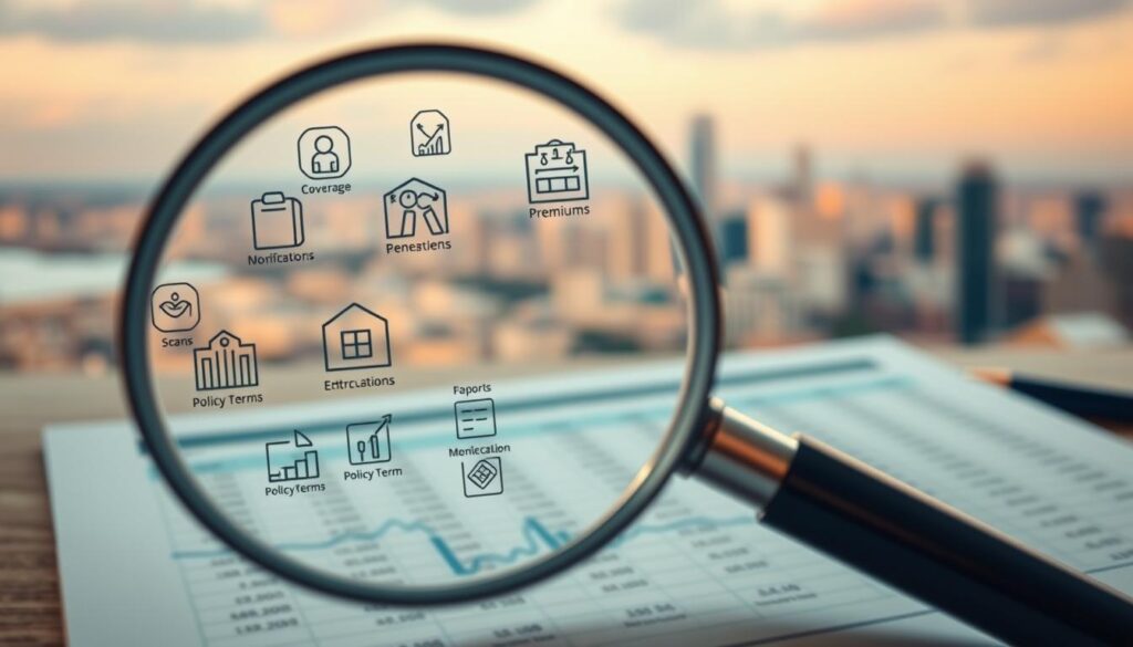 A high-resolution, detailed image of the key factors to consider when choosing a life insurance policy. In the foreground, a magnifying glass hovers over various icons representing factors such as coverage, premiums, beneficiaries, and policy terms. In the middle ground, a spreadsheet with financial calculations and data visualizations, conveying the complex analysis required. In the background, a serene, blurred cityscape, evoking the long-term, financial security that life insurance provides. Warm, soft lighting illuminates the scene, creating a contemplative and authoritative atmosphere.