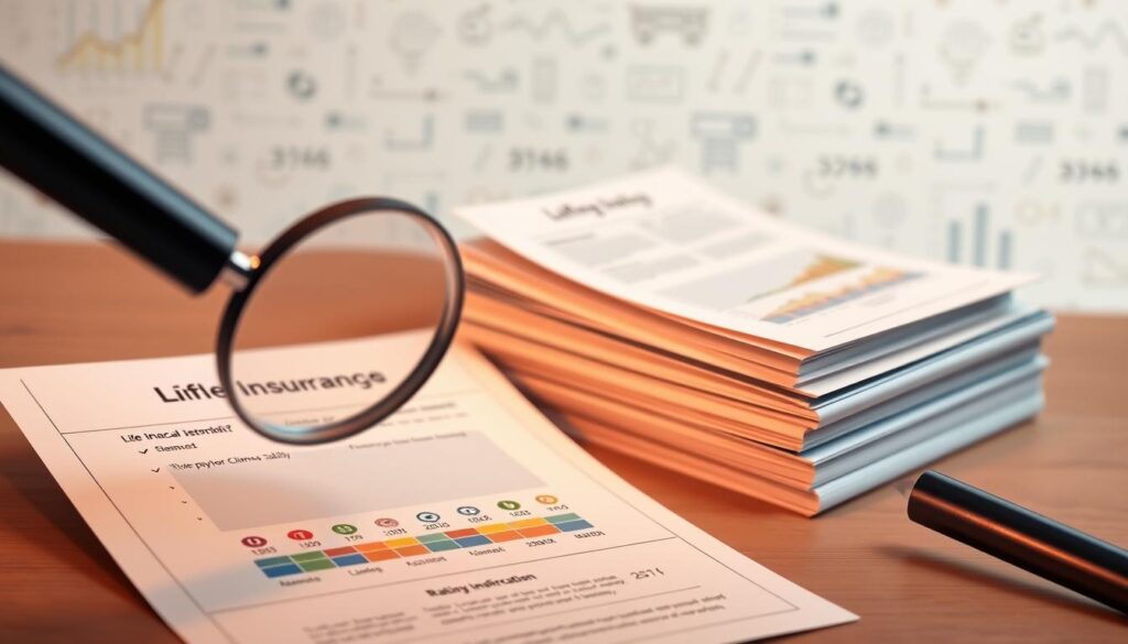 A meticulously composed illustration depicting the key aspects of life insurance ratings. A clean, elegant layout with a professional, informative tone. In the foreground, a magnifying glass hovers over a series of rating scales, their nuanced gradients and symbols conveying the nuances of financial strength, claims-paying ability, and customer satisfaction. In the middle ground, a stack of documents and charts unfolds, showcasing the data and methodology behind these ratings. The background features a subtle pattern of financial icons and graphs, creating a sense of depth and context. Warm, muted lighting casts a subtle glow, lending an air of authority and trustworthiness to the scene. Captured with a sharp, high-resolution lens to ensure clarity and visual impact. A meticulously composed illustration depicting the key aspects of life insurance ratings. A clean, elegant layout with a professional, informative tone. In the foreground, a magnifying glass hovers over a series of rating scales, their nuanced gradients and symbols conveying the nuances of financial strength, claims-paying ability, and customer satisfaction. In the middle ground, a stack of documents and charts unfolds, showcasing the data and methodology behind these ratings. The background features a subtle pattern of financial icons and graphs, creating a sense of depth and context. Warm, muted lighting casts a subtle glow, lending an air of authority and trustworthiness to the scene. Captured with a sharp, high-resolution lens to ensure clarity and visual impact.