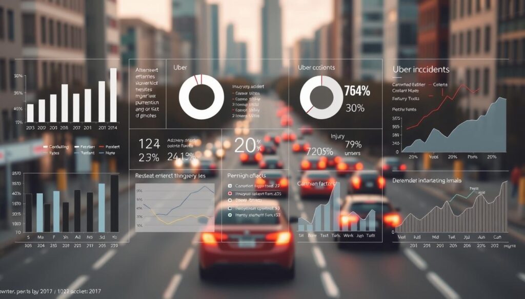 A meticulously detailed data visualization on Uber accident statistics, rendered in a clean, modern style. In the foreground, a collection of neatly organized infographic elements - bar graphs, pie charts, and line plots - displaying key metrics such as accident rates, injury types, and contributing factors. The middle ground features a backdrop of city streets, with Uber vehicles navigating through the urban landscape. Subtle lighting casts a warm, professional glow, emphasizing the authoritative nature of the data. The background is a softly blurred cityscape, providing context without distracting from the central information. The overall composition conveys a sense of informed analysis, guiding the viewer towards a deeper understanding of the legal implications surrounding Uber accidents.