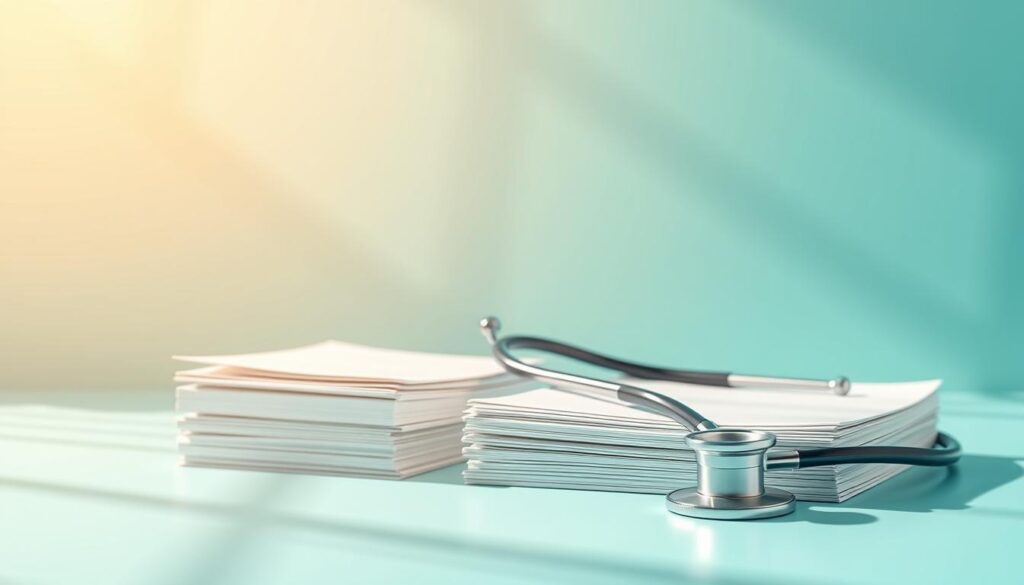 A minimalist, informative illustration depicting the core elements of health insurance. In the foreground, a clean, crisp stack of medical documents and a modern, metallic stethoscope. In the middle ground, a simplified, yet detailed diagram of health insurance coverage, with key terms like &amp;amp;amp;amp;amp;amp;quot;deductible,&amp;amp;amp;amp;amp;amp;quot; &amp;amp;amp;amp;amp;amp;quot;copay,&amp;amp;amp;amp;amp;amp;quot; and &amp;amp;amp;amp;amp;amp;quot;network.&amp;amp;amp;amp;amp;amp;quot; The background features a soft, gradient wash of soothing blues and greens, creating a sense of tranquility and trust. Bright, natural lighting from the left side casts subtle shadows, adding depth and dimensionality to the scene. The overall mood is one of clarity, professionalism, and ease of understanding, perfectly suited to illustrate the &amp;amp;amp;amp;amp;amp;quot;Understanding Health Insurance Basics&amp;amp;amp;amp;amp;amp;quot; section.