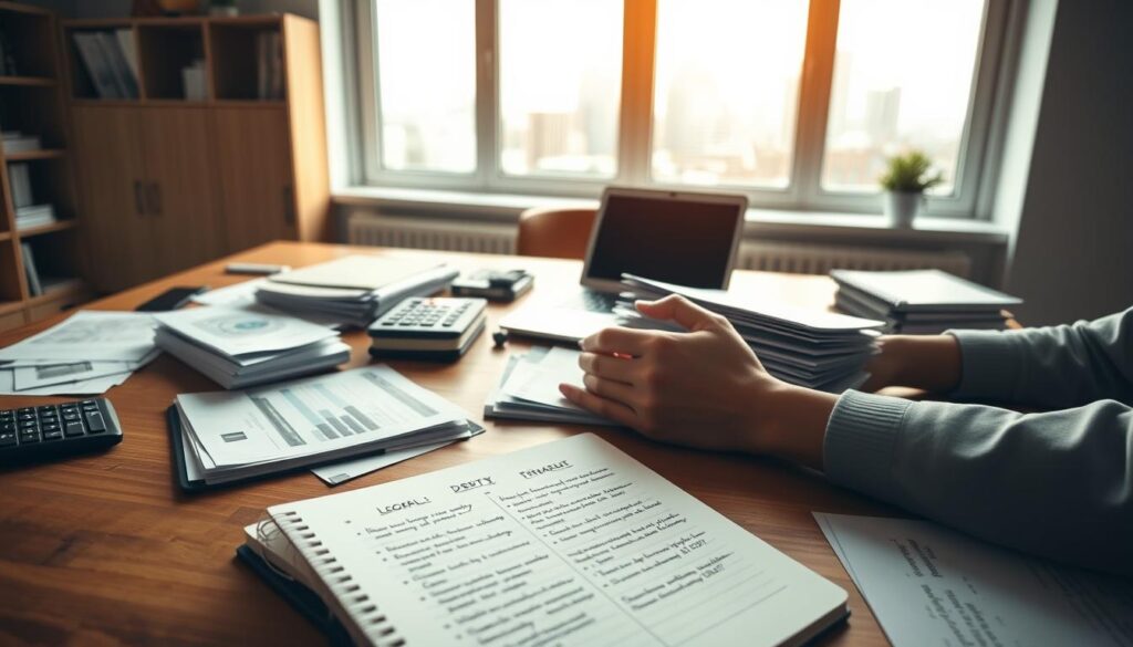 A minimalist office interior with a large wooden desk, a laptop, a calculator, and various finance-related documents and forms. In the foreground, a person's hands are organizing and sorting through stacks of bills and financial statements. Soft, warm lighting illuminates the scene, creating a contemplative and focused atmosphere. The middle ground features an open notebook with handwritten notes on debt management strategies, and the background shows a window overlooking a cityscape, symbolizing the broader economic context. The overall composition conveys a sense of diligence, problem-solving, and the pursuit of financial stability. A minimalist office interior with a large wooden desk, a laptop, a calculator, and various finance-related documents and forms. In the foreground, a person's hands are organizing and sorting through stacks of bills and financial statements. Soft, warm lighting illuminates the scene, creating a contemplative and focused atmosphere. The middle ground features an open notebook with handwritten notes on debt management strategies, and the background shows a window overlooking a cityscape, symbolizing the broader economic context. The overall composition conveys a sense of diligence, problem-solving, and the pursuit of financial stability.