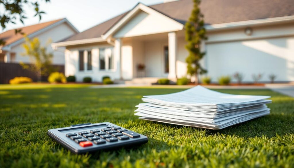 A modern, clean-lined home with a well-manicured lawn and a friendly neighborhood in the background. In the foreground, a stack of documents and a calculator represent the various factors influencing home insurance premiums, including property value, location, age of the home, and risk factors. Warm, natural lighting illuminates the scene, conveying a sense of security and financial responsibility. The composition is balanced, with the insurance-related elements taking center stage, inviting the viewer to consider the important considerations when protecting their most valuable asset.