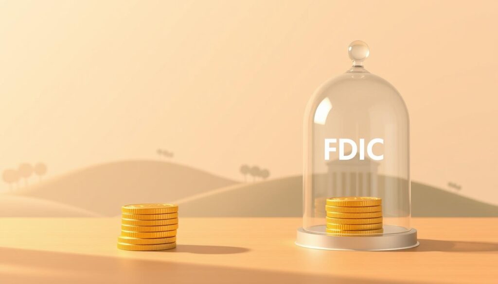 A modern, minimalist illustration of FDIC insurance coverage. In the foreground, a stack of gold coins representing a secure bank deposit, shielded by a transparent glass dome labeled &amp;amp;amp;amp;amp;amp;quot;FDIC&amp;amp;amp;amp;amp;amp;quot;. The middle ground features a serene, geometric landscape of rolling hills and a stylized banking building, conveying a sense of stability and trust. The background is filled with a soft, gradient sky, creating a calming, professional atmosphere. The lighting is warm and directional, casting subtle shadows that add depth and dimension to the scene. The composition is balanced and clean, using a muted color palette to emphasize the key FDIC insurance elements.