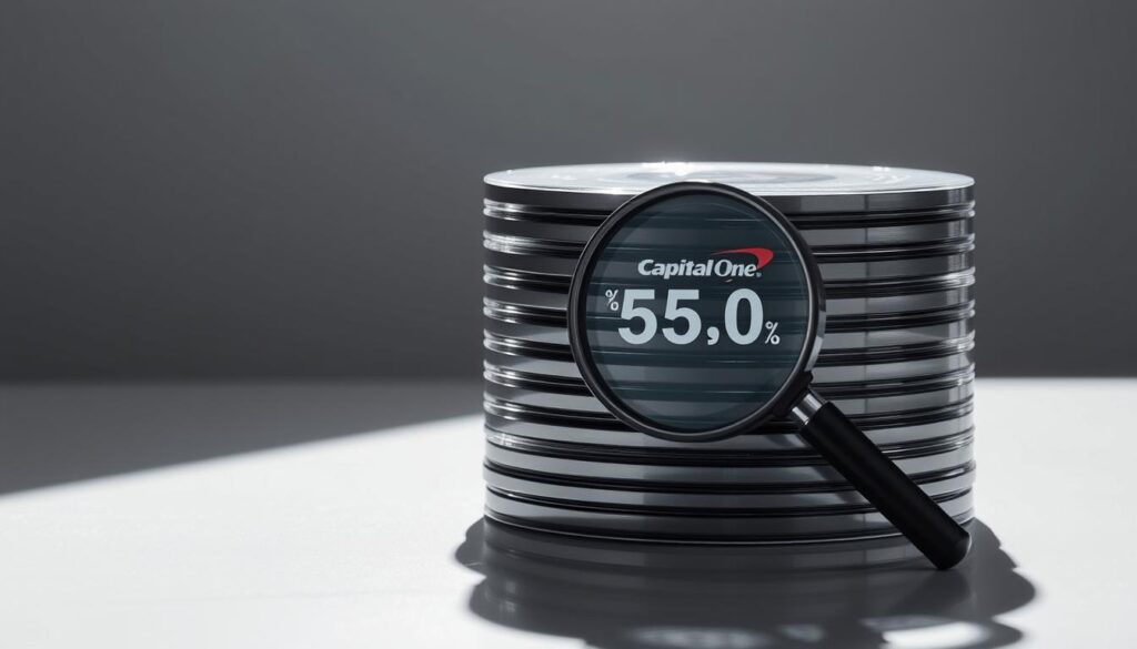 A modern, minimalist image of a stack of Capital One CDs with a magnifying glass highlighting the competitive interest rates. The CDs are positioned on a sleek, reflective surface, bathed in soft, directional lighting that casts subtle shadows. The background is a muted, monochromatic gradient, allowing the product to take center stage. The composition emphasizes the attention-grabbing interest rates, conveying a sense of financial stability and reliability associated with Capital One's CD offerings.