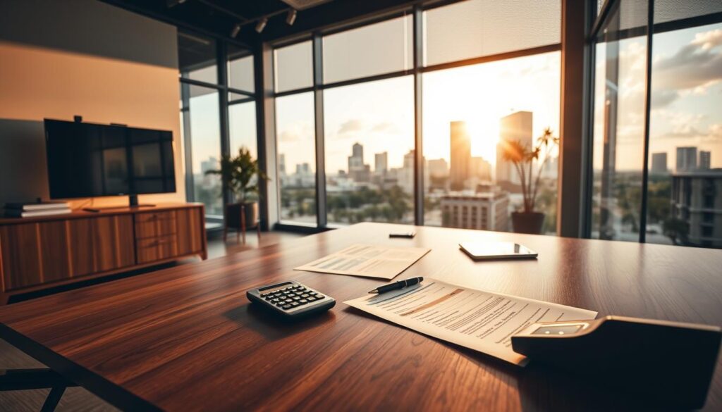 A modern office interior with a large wooden desk, a computer monitor, and a Tampa city skyline visible through a window. On the desk, there are several documents, a pen, and a calculator, symbolizing the car insurance claim process. The lighting is warm and inviting, conveying a sense of professionalism and efficiency. The overall scene suggests a comprehensive and streamlined approach to handling car insurance claims in Tampa. A modern office interior with a large wooden desk, a computer monitor, and a Tampa city skyline visible through a window. On the desk, there are several documents, a pen, and a calculator, symbolizing the car insurance claim process. The lighting is warm and inviting, conveying a sense of professionalism and efficiency. The overall scene suggests a comprehensive and streamlined approach to handling car insurance claims in Tampa.
