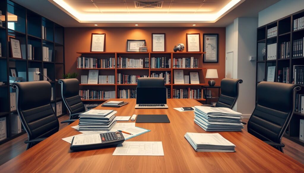 A modern, professional office interior with a large desk and ergonomic chairs. On the desk, a laptop, calculator, and stacks of financial documents. Warm, indirect lighting casts a soft glow, creating a focused, analytical atmosphere. In the background, bookshelves filled with reference materials and financial reports. Framed certificates and awards on the walls, signifying expertise and authority. The composition emphasizes organization, attention to detail, and a commitment to providing high-quality finance assessment services.
