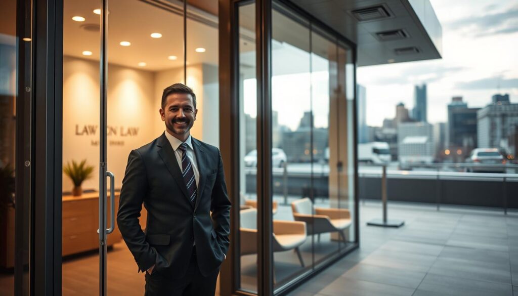 A modern, sleek law office in downtown Denver, its exterior showcasing clean lines and large windows that let in natural light. In the foreground, a well-dressed, approachable attorney stands at the entrance, ready to greet clients. The middle ground features a waiting area with comfortable chairs and subtle branding, conveying a professional yet inviting atmosphere. The background depicts the bustling city skyline, hinting at the firm's connection to the local community. The lighting is soft and warm, creating a sense of calm and confidence. The overall scene evokes a trustworthy, responsive legal practice dedicated to helping Denver residents navigate the complexities of car accident claims.