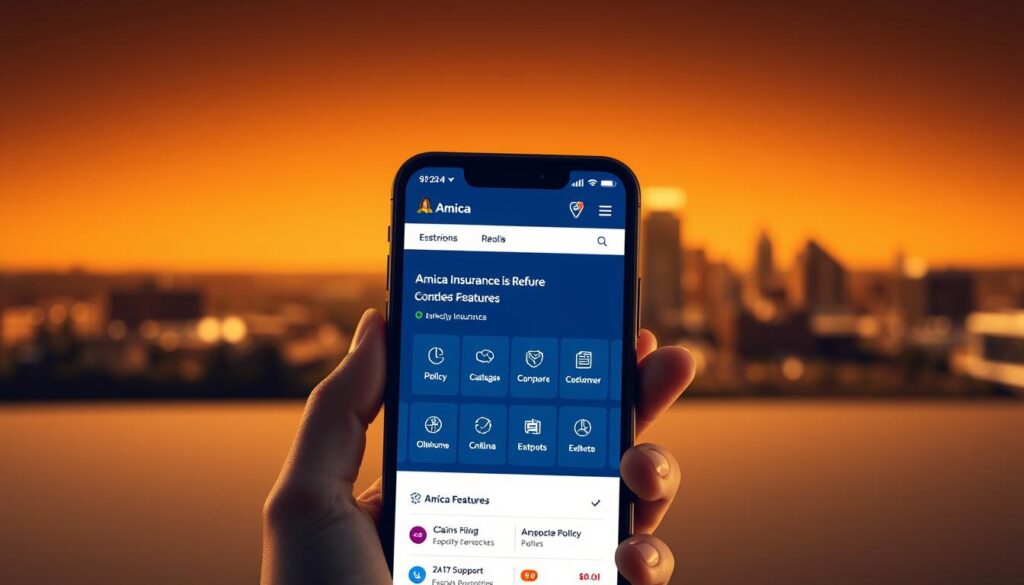 A modern, sleek mobile app interface showcasing Amica Insurance's top features for Oklahoma customers. In the foreground, a hand holds a smartphone displaying the app's clean, intuitive design - bold typography, clear icons, and vibrant colors. The middle ground features a range of key functionalities like policy management, claims filing, and 24/7 support. In the background, a blurred cityscape of Oklahoma's skyline evokes a sense of security and reliability. Warm lighting creates a polished, professional atmosphere, while a subtle gradient adds depth and sophistication to the overall composition. A modern, sleek mobile app interface showcasing Amica Insurance's top features for Oklahoma customers. In the foreground, a hand holds a smartphone displaying the app's clean, intuitive design - bold typography, clear icons, and vibrant colors. The middle ground features a range of key functionalities like policy management, claims filing, and 24/7 support. In the background, a blurred cityscape of Oklahoma's skyline evokes a sense of security and reliability. Warm lighting creates a polished, professional atmosphere, while a subtle gradient adds depth and sophistication to the overall composition.