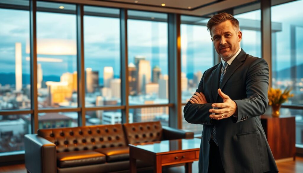 A modern, sleek office interior with large windows overlooking the Denver cityscape. In the foreground, a confident, well-dressed lawyer stands with an authoritative presence, gesturing as if addressing a client. The middle ground features a plush leather couch and a polished mahogany desk, conveying a sense of professionalism and expertise. The background showcases the iconic Denver skyline, bathed in warm, golden lighting that creates a sophisticated ambiance. The scene exudes an air of expertise, trustworthiness, and a commitment to securing the best possible outcome for clients involved in car accident cases.