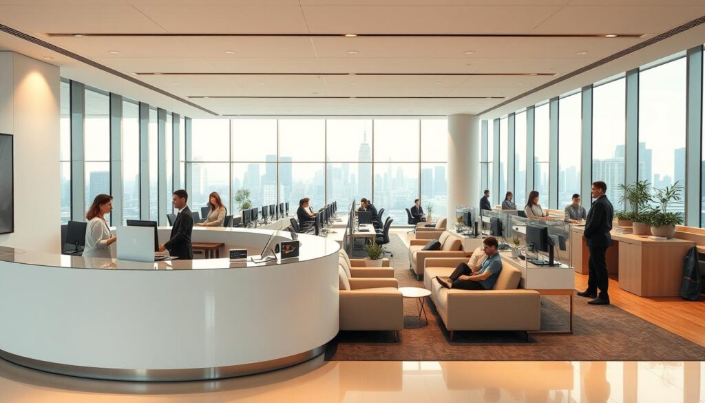 A modern, well-lit office interior with a clean, minimalist aesthetic. In the foreground, a curved reception desk staffed by friendly customer service representatives, dressed in professional attire, ready to assist customers. The middle ground features rows of comfortable seating and workstations, where customers can discuss their financial needs. In the background, large windows offer a view of a bustling city skyline, conveying a sense of a thriving financial hub. The lighting is warm and inviting, creating a welcoming atmosphere. The overall scene exudes an air of professionalism, efficiency, and a commitment to providing exceptional customer care services. A modern, well-lit office interior with a clean, minimalist aesthetic. In the foreground, a curved reception desk staffed by friendly customer service representatives, dressed in professional attire, ready to assist customers. The middle ground features rows of comfortable seating and workstations, where customers can discuss their financial needs. In the background, large windows offer a view of a bustling city skyline, conveying a sense of a thriving financial hub. The lighting is warm and inviting, creating a welcoming atmosphere. The overall scene exudes an air of professionalism, efficiency, and a commitment to providing exceptional customer care services.