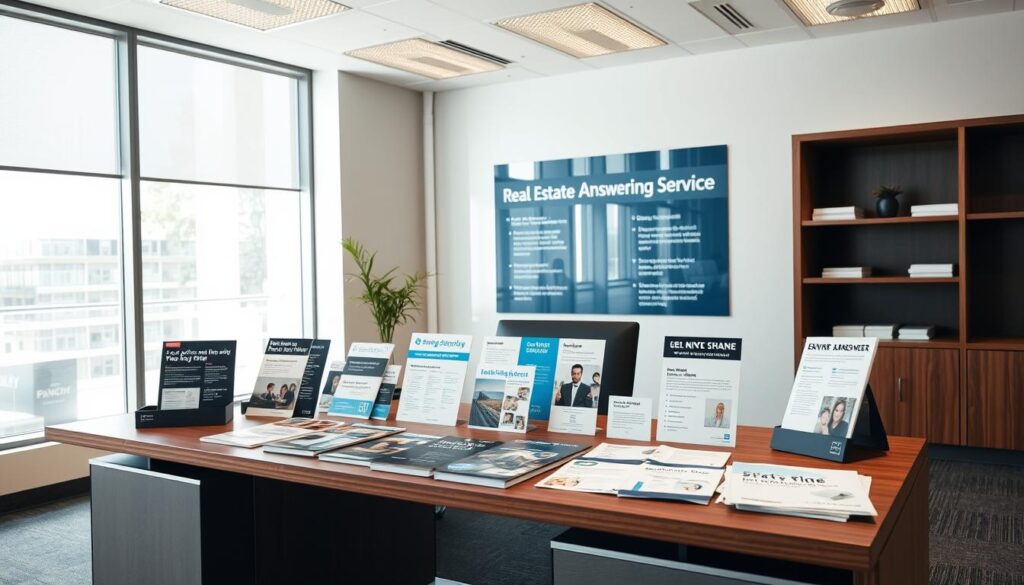 A modern, well-lit office interior with a large desk showcasing a range of real estate phone answering service providers. The desk features brochures, pamphlets, and various promotional materials, each highlighting the unique features and capabilities of the different services. The background features a large window, allowing natural light to flood the space and create a professional, welcoming atmosphere. The camera angle is slightly elevated, providing a comprehensive view of the desk and its contents, allowing the viewer to easily compare and contrast the different real estate phone answering service options. A modern, well-lit office interior with a large desk showcasing a range of real estate phone answering service providers. The desk features brochures, pamphlets, and various promotional materials, each highlighting the unique features and capabilities of the different services. The background features a large window, allowing natural light to flood the space and create a professional, welcoming atmosphere. The camera angle is slightly elevated, providing a comprehensive view of the desk and its contents, allowing the viewer to easily compare and contrast the different real estate phone answering service options.