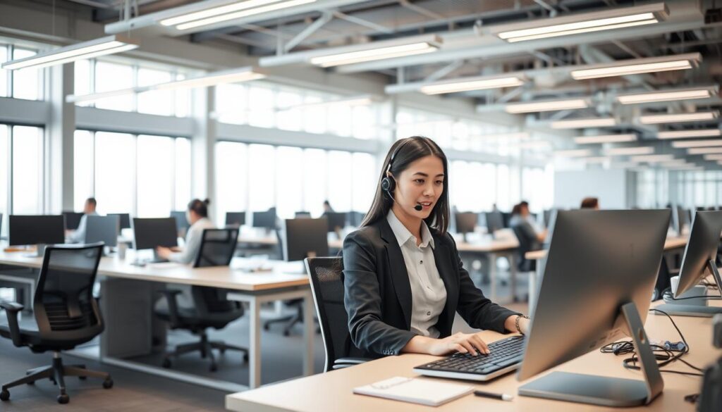 A modern, well-lit open-concept office space with rows of sleek desks and ergonomic chairs. In the foreground, a customer service representative dressed in a crisp, professional attire sits at a desk, calmly and attentively speaking on a headset while typing on a computer. The middle ground features several other representatives, all engaged in similar conversations, creating a bustling, efficient atmosphere. The background showcases floor-to-ceiling windows, allowing natural light to flood the space and giving a sense of transparency and accessibility. The overall mood is one of professionalism, responsiveness, and a commitment to providing excellent 24-hour customer service. A modern, well-lit open-concept office space with rows of sleek desks and ergonomic chairs. In the foreground, a customer service representative dressed in a crisp, professional attire sits at a desk, calmly and attentively speaking on a headset while typing on a computer. The middle ground features several other representatives, all engaged in similar conversations, creating a bustling, efficient atmosphere. The background showcases floor-to-ceiling windows, allowing natural light to flood the space and giving a sense of transparency and accessibility. The overall mood is one of professionalism, responsiveness, and a commitment to providing excellent 24-hour customer service.