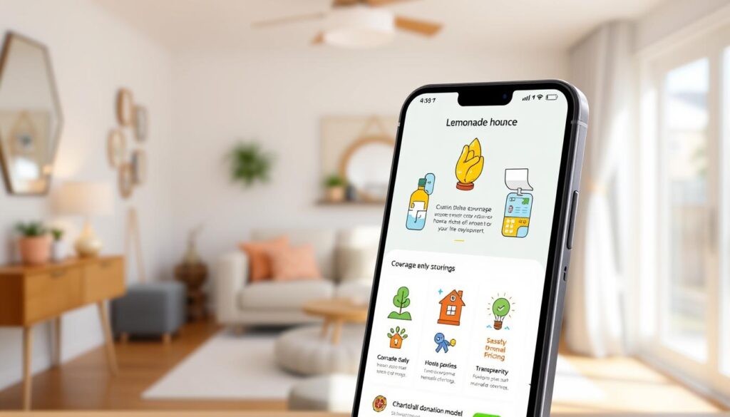 A neatly designed mobile app interface for Lemonade Home Insurance, showcasing its key benefits. In the foreground, a sleek and intuitive dashboard displays the user's policy details, coverage information, and claim-filing options. The middle ground features colorful illustrations and infographics highlighting Lemonade's fast, hassle-free claims process, transparent pricing, and charitable donation model. The background depicts a cozy, modern home interior with natural lighting, adding to the sense of security and comfort the app aims to provide. The overall aesthetic is clean, user-friendly, and visually appealing, reflecting Lemonade's brand identity as a tech-forward insurance provider.