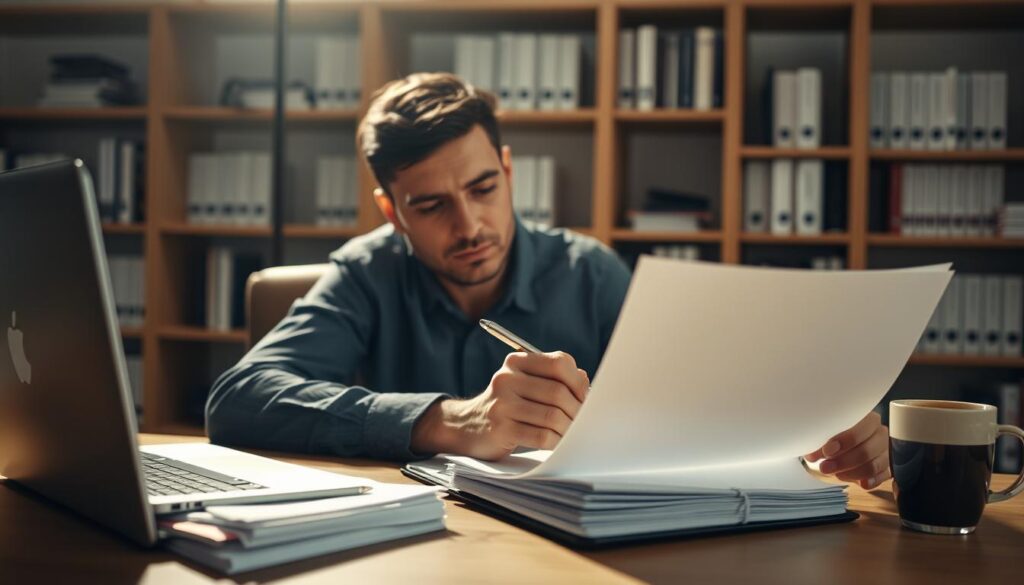 A person sitting at a desk, filling out insurance application forms with a pen. The desk is neatly organized, with a laptop, a stack of papers, and a cup of coffee. The lighting is soft and warm, creating a focused and contemplative atmosphere. The person's expression is one of concentration, as they carefully review the documents and make notes. In the background, there is a bookshelf filled with insurance-related materials, adding a sense of professionalism and expertise to the scene. The overall mood is one of diligence and attention to detail, reflecting the importance of the task at hand.