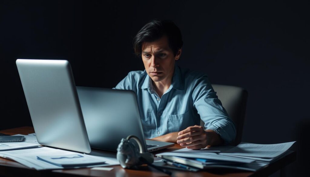 A person sitting at a desk, laptop open, surrounded by scattered documents and a crumpled health insurance card, their expression one of worry and uncertainty. The scene is bathed in a dim, gloomy light, casting long shadows that convey a sense of unease. The background is blurred, focusing the viewer's attention on the central figure's distress. The composition suggests the individual's struggle to understand and cope with the sudden loss of their health coverage. A person sitting at a desk, laptop open, surrounded by scattered documents and a crumpled health insurance card, their expression one of worry and uncertainty. The scene is bathed in a dim, gloomy light, casting long shadows that convey a sense of unease. The background is blurred, focusing the viewer's attention on the central figure's distress. The composition suggests the individual's struggle to understand and cope with the sudden loss of their health coverage.
