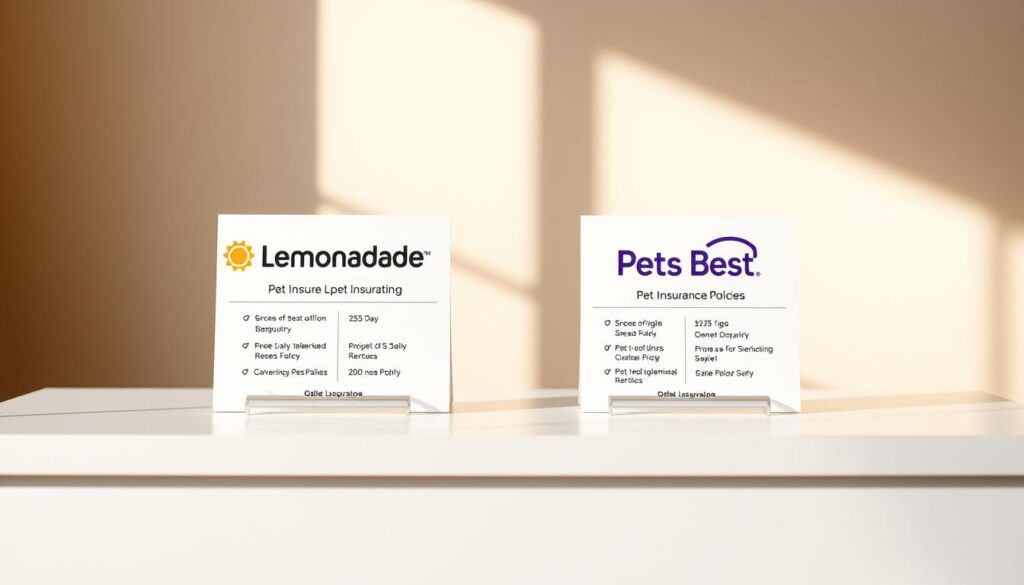 A pristine white tabletop, softly illuminated by natural lighting, serves as the stage for a side-by-side comparison of pet insurance policies from Lemonade and Pets Best. The policies are represented by detailed, photorealistic icons, their features and pricing clearly visible. The background is a warm, pastel-colored gradient, creating a sense of professionalism and authority. The composition is balanced, with the two policy icons taking center stage, inviting the viewer to closely examine and compare the options. The overall atmosphere conveys a sense of informed decision-making, guiding the viewer towards the best solution for their pet's needs. A pristine white tabletop, softly illuminated by natural lighting, serves as the stage for a side-by-side comparison of pet insurance policies from Lemonade and Pets Best. The policies are represented by detailed, photorealistic icons, their features and pricing clearly visible. The background is a warm, pastel-colored gradient, creating a sense of professionalism and authority. The composition is balanced, with the two policy icons taking center stage, inviting the viewer to closely examine and compare the options. The overall atmosphere conveys a sense of informed decision-making, guiding the viewer towards the best solution for their pet's needs.