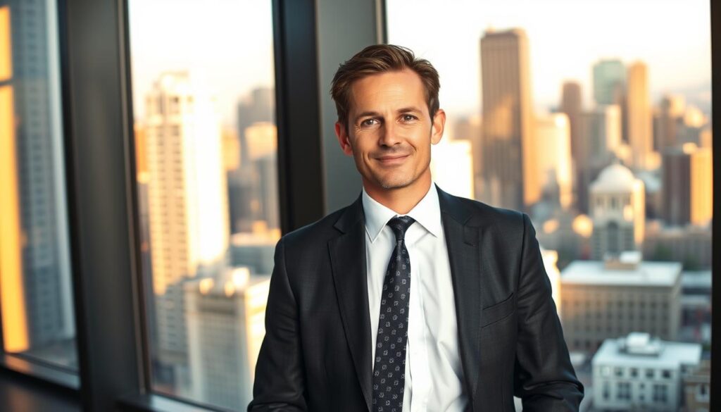 A professional Uber accident injury lawyer standing confidently in a modern law office, dressed in a crisp suit and tie. The background features a large window overlooking a bustling city skyline, bathed in warm, golden afternoon light. The lawyer's expression is one of determination and empathy, conveying their commitment to advocating for their clients' rights and maximizing their compensation. The composition is well-balanced, with the lawyer in the foreground and the cityscape providing a sense of depth and context in the background.