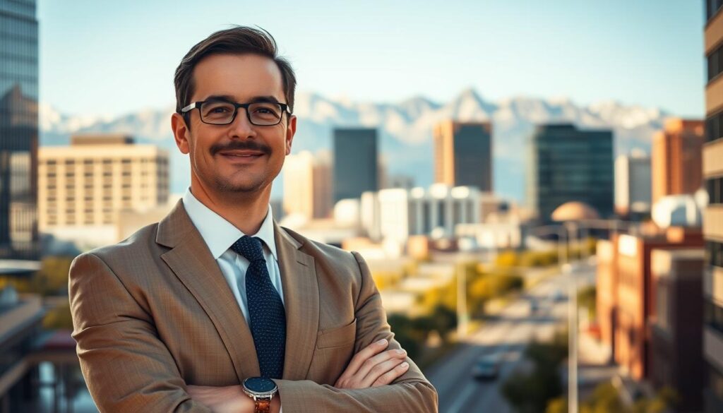 A professional, well-dressed car accident lawyer standing confidently in front of a Denver cityscape, sunlight casting warm tones across the scene. The lawyer's expression conveys expertise and compassion, ready to guide clients through the legal complexities of a car accident case. In the background, a partially obscured view of a busy city street, with the iconic Rocky Mountains visible in the distance, evoking the local setting. The composition is balanced, with the lawyer as the focal point, surrounded by architectural details that hint at the Denver locale.