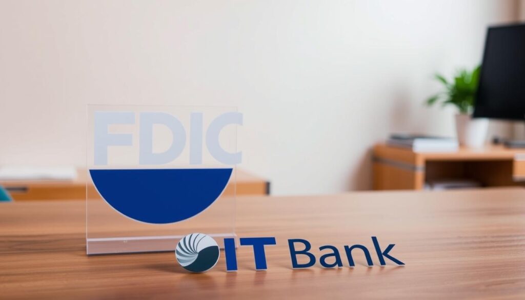 A professional, well-lit photograph of the FDIC (Federal Deposit Insurance Corporation) insurance logo prominently displayed on a wooden desk or table, with a CIT Bank logo and branding elements in the foreground. The image should convey a sense of security, stability, and trust, reflecting the reliable nature of CIT Bank's FDIC-insured accounts. The background should be clean and minimalist, allowing the key elements to stand out. The lighting should be soft and diffused, creating a warm and inviting atmosphere. The composition should be well-balanced, with the FDIC and CIT Bank logos positioned to draw the viewer's attention.